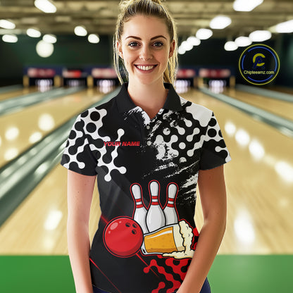 Red Beer Bowling Shirts for Team Women Men Beer Bowling Polo&1/4 Zip Bowl League MBL255