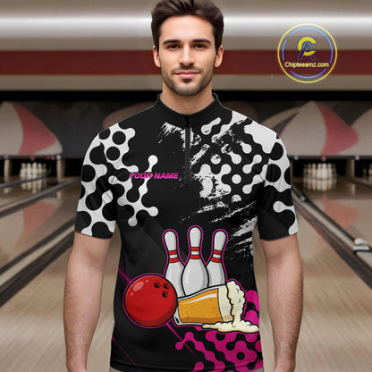 Pink Beer Bowling Shirts for Team Women Men Beer Bowling Polo&1/4 Zip Bowl League MBL255
