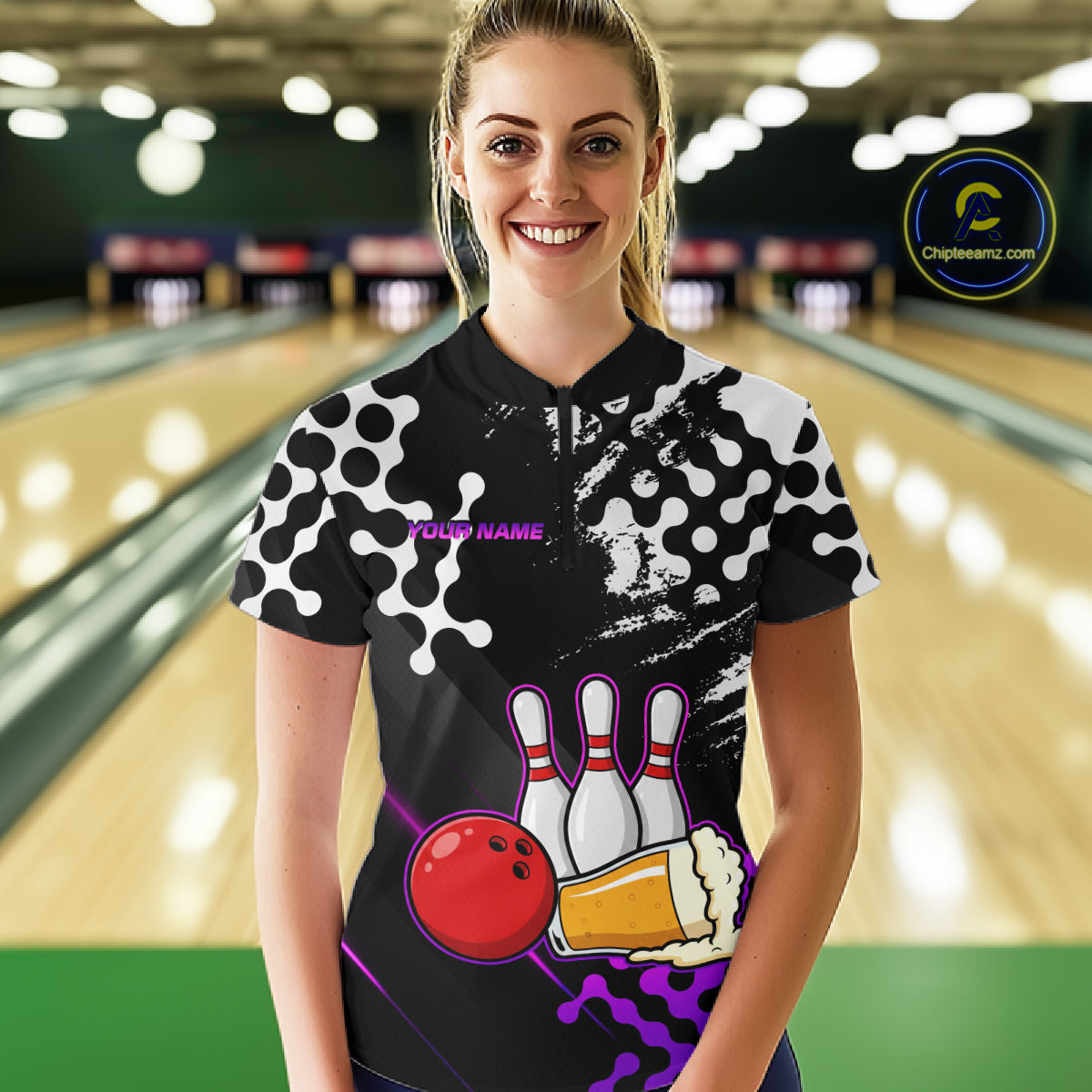 Purple Beer Bowling Shirts for Team Women Men Beer Bowling Polo&1/4 Zip Bowl League MBL255