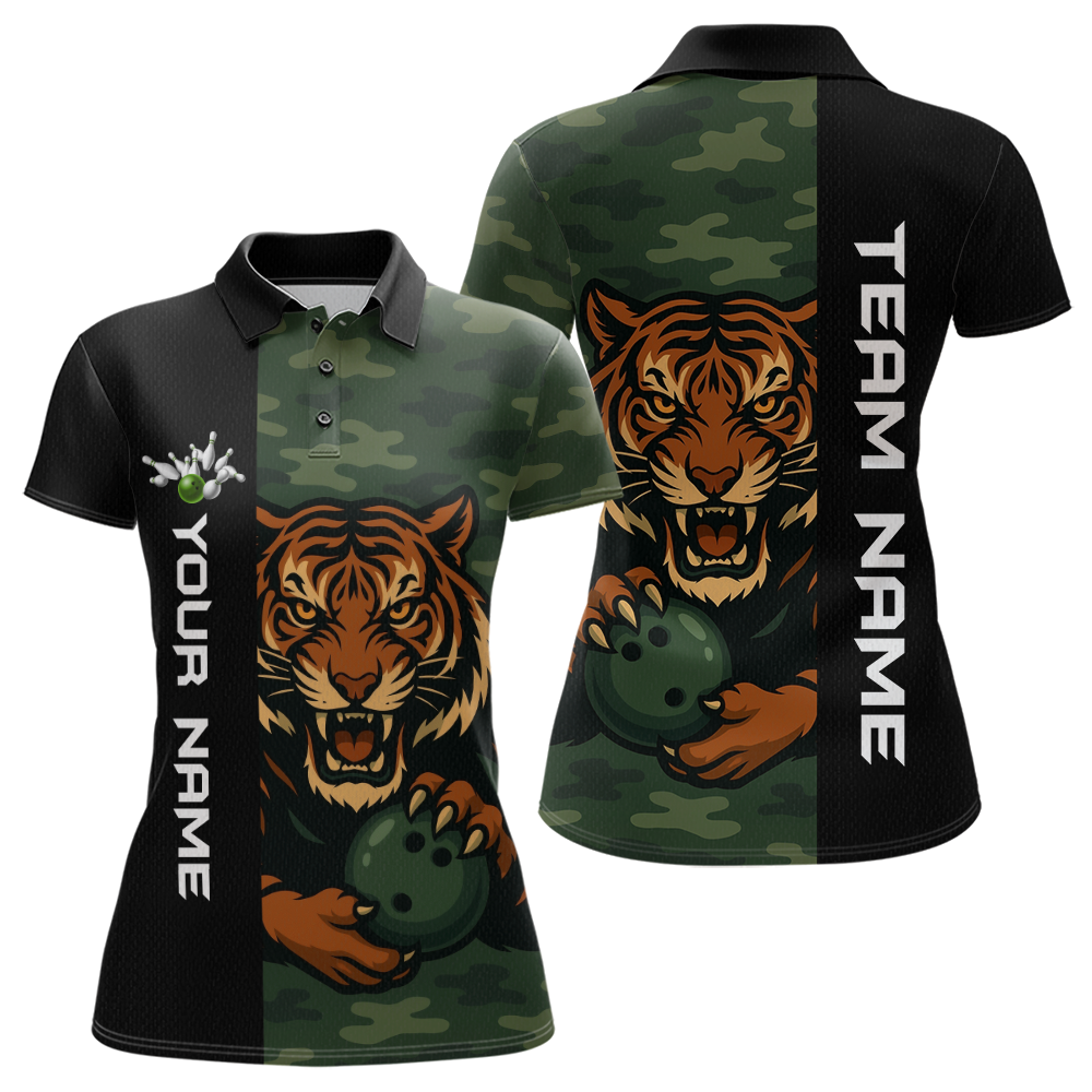 Custom Tiger Bowling Shirts for Team Women Men Camo Green Bowling Polo & 1/4 Zip Shirt MBL184