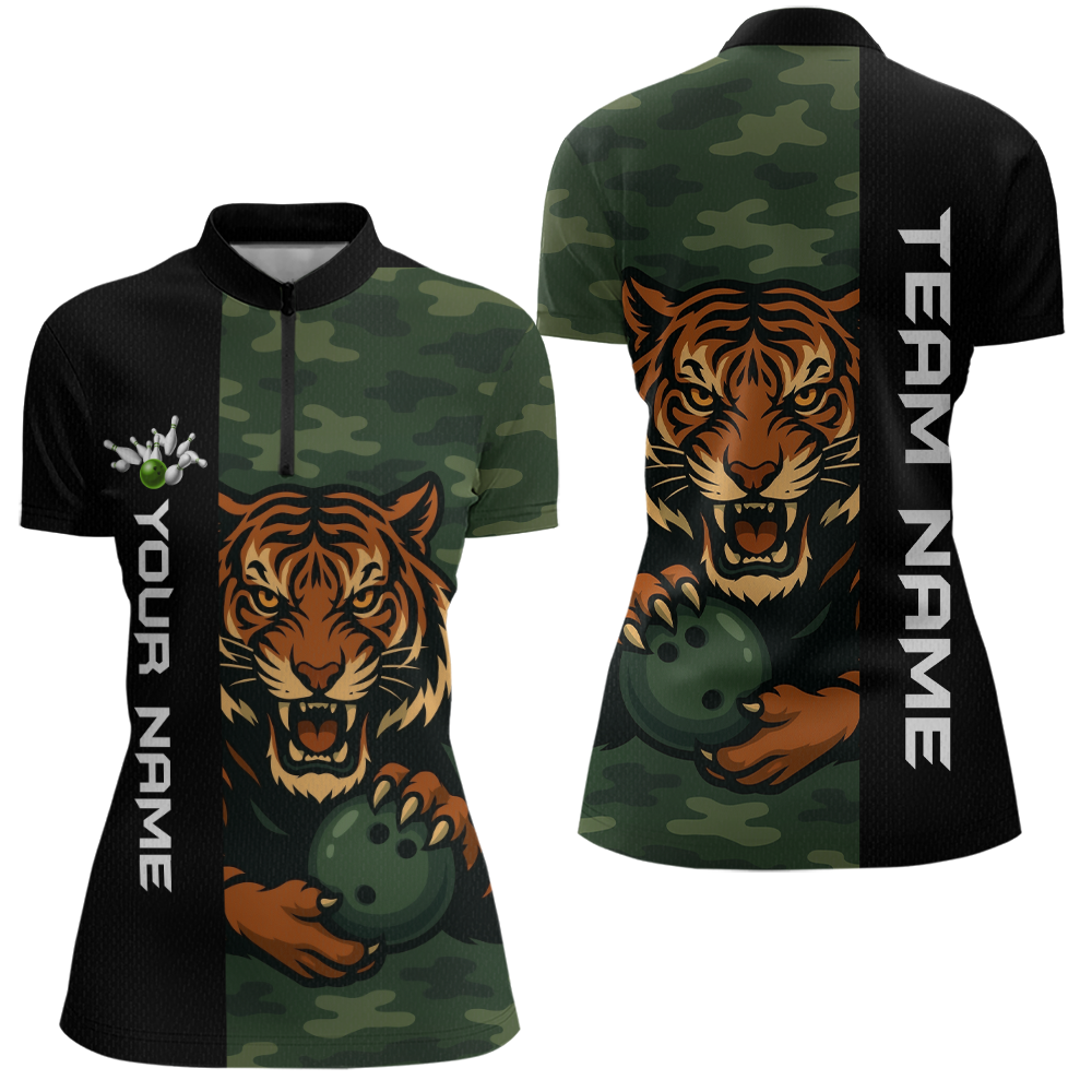 Custom Tiger Bowling Shirts for Team Women Men Camo Green Bowling Polo & 1/4 Zip Shirt MBL184
