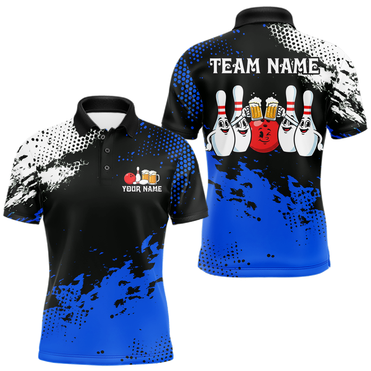 Blue Funny Beer Bowling Shirts for Team Women Men Bowling Polo&1/4 Zip Bowl League MBL254