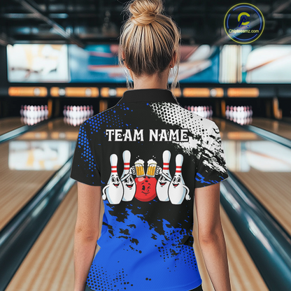 Blue Funny Beer Bowling Shirts for Team Women Men Bowling Polo&1/4 Zip Bowl League MBL254