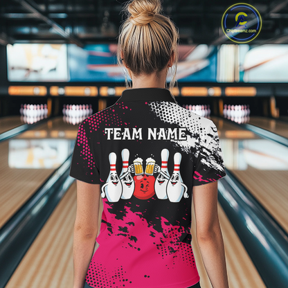 Pink Funny Beer Bowling Shirts for Team Women Men Bowling Polo&1/4 Zip Bowl League MBL254