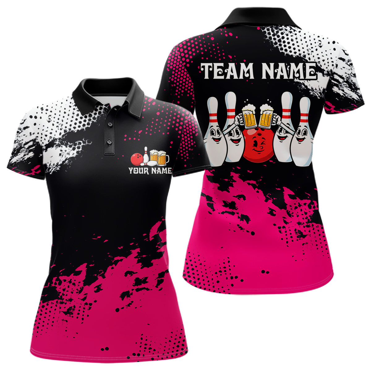 Pink Funny Beer Bowling Shirts for Team Women Men Bowling Polo&1/4 Zip Bowl League MBL254