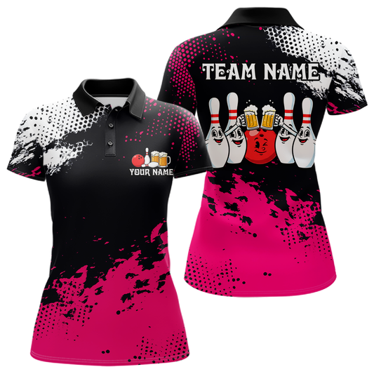 Pink Funny Beer Bowling Shirts for Team Women Men Bowling Polo&1/4 Zip Bowl League MBL254
