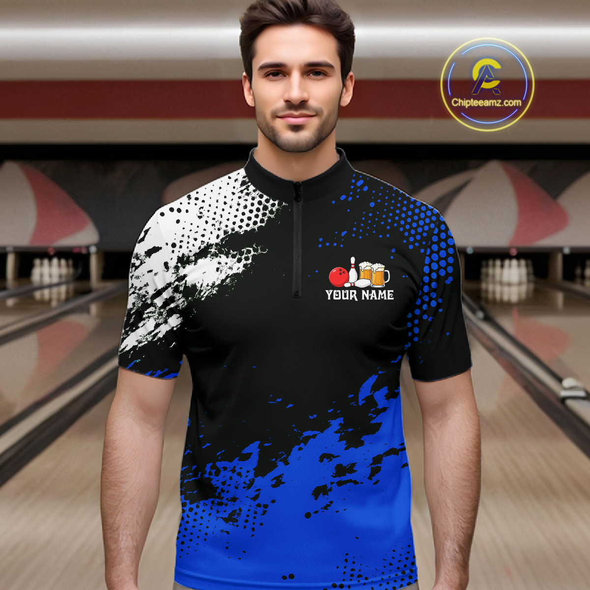 Blue Funny Beer Bowling Shirts for Team Women Men Bowling Polo&1/4 Zip Bowl League MBL254