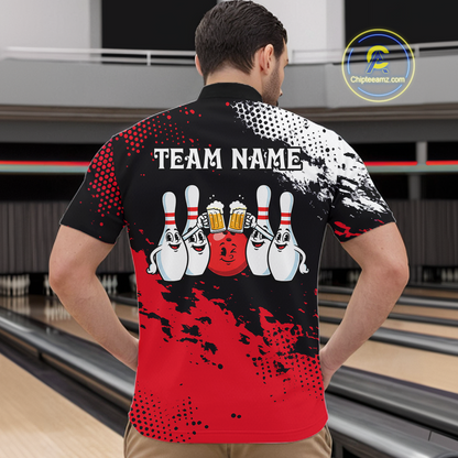 Red Funny Beer Bowling Shirts for Team Women Men Bowling Polo&1/4 Zip Bowl League MBL254