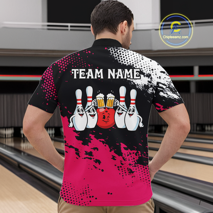 Pink Funny Beer Bowling Shirts for Team Women Men Bowling Polo&1/4 Zip Bowl League MBL254