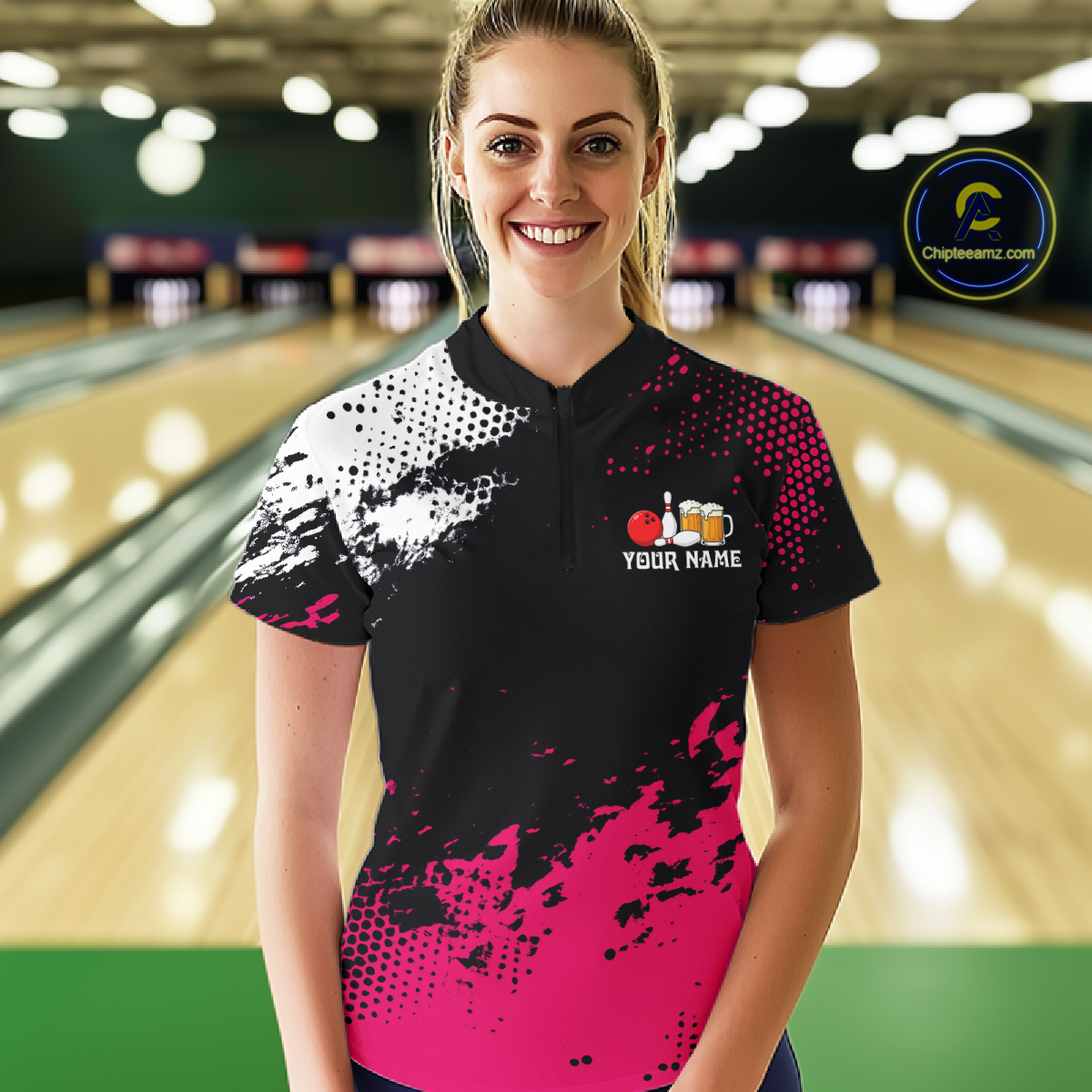 Pink Funny Beer Bowling Shirts for Team Women Men Bowling Polo&1/4 Zip Bowl League MBL254