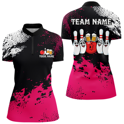 Pink Funny Beer Bowling Shirts for Team Women Men Bowling Polo&1/4 Zip Bowl League MBL254