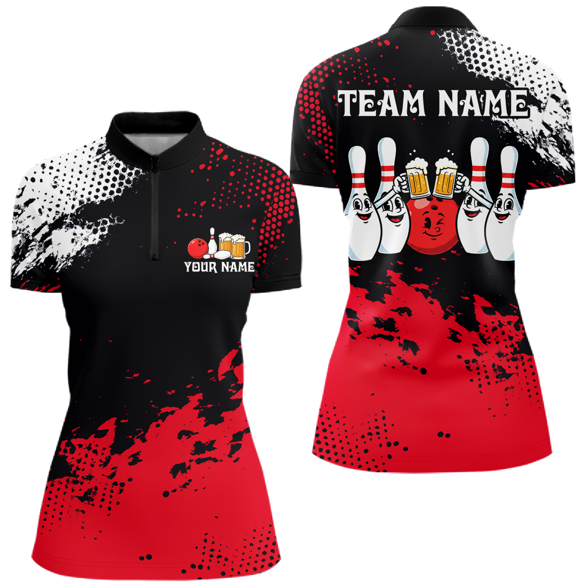 Red Funny Beer Bowling Shirts for Team Women Men Bowling Polo&1/4 Zip Bowl League MBL254