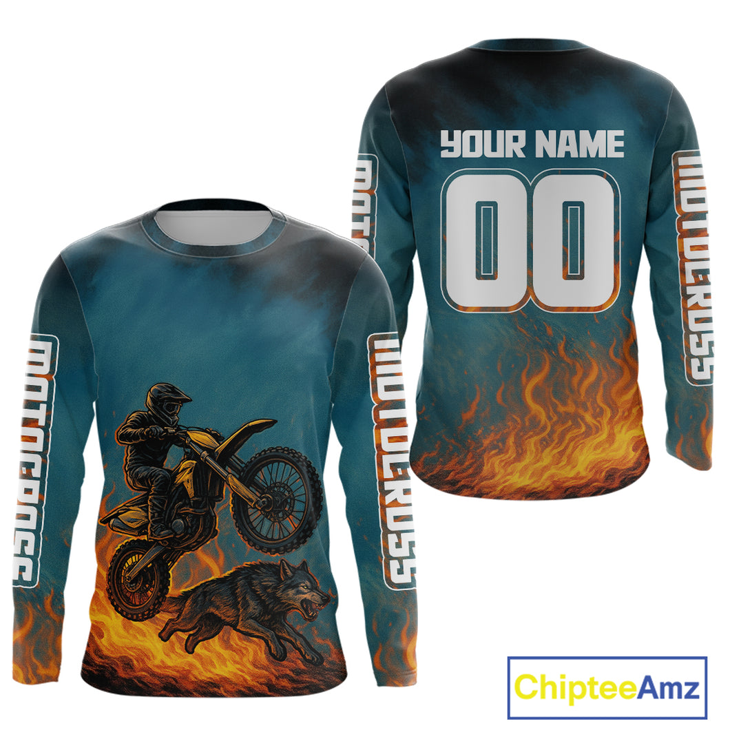 Blue Wolf Motocross Jersey Custom Flaming Wolf Dirt Bike Shirts for Men Kid Women XM404