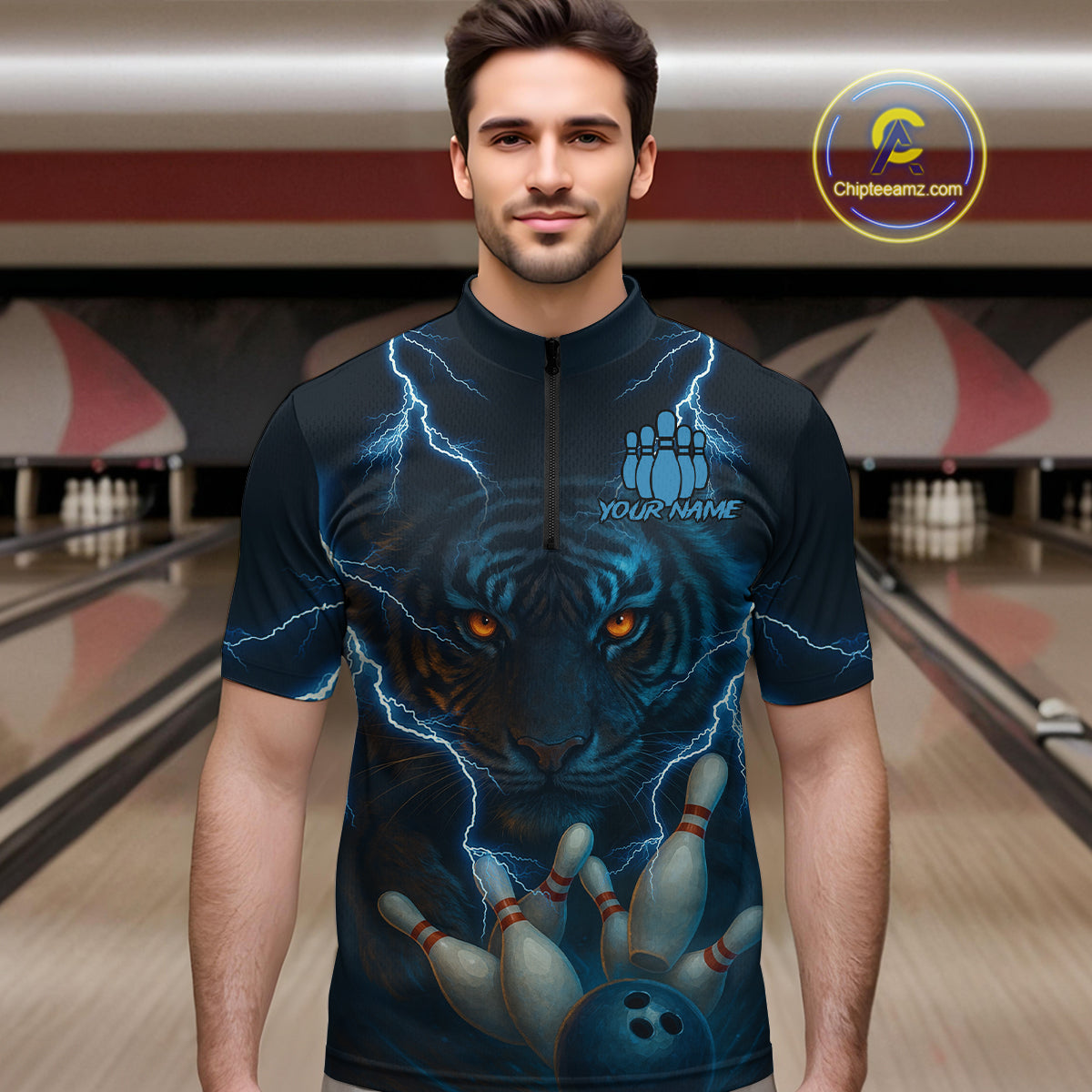 Tiger Bowling Shirts for Team Women Men Custom Blue Lightning Bowling Polo&1/4 Zip Shirt MBL182