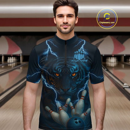 Tiger Bowling Shirts for Team Women Men Custom Blue Lightning Bowling Polo&1/4 Zip Shirt MBL182