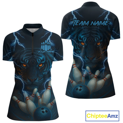 Tiger Bowling Shirts for Team Women Men Custom Blue Lightning Bowling Polo&1/4 Zip Shirt MBL182