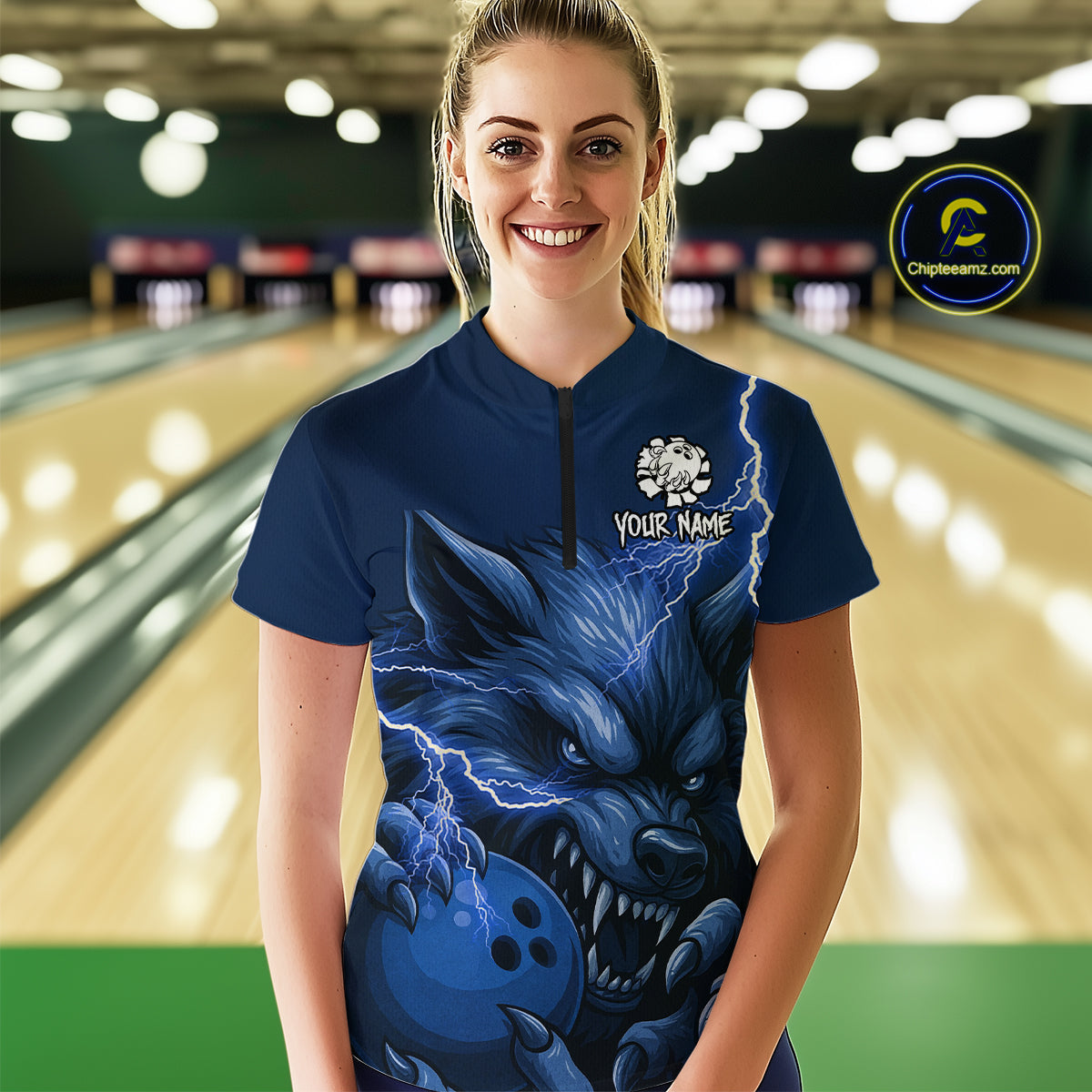 Wolf Bowling Shirts for Team Women Men Custom Blue Wolf Bowling Polo and 1/4 Zip MBL191