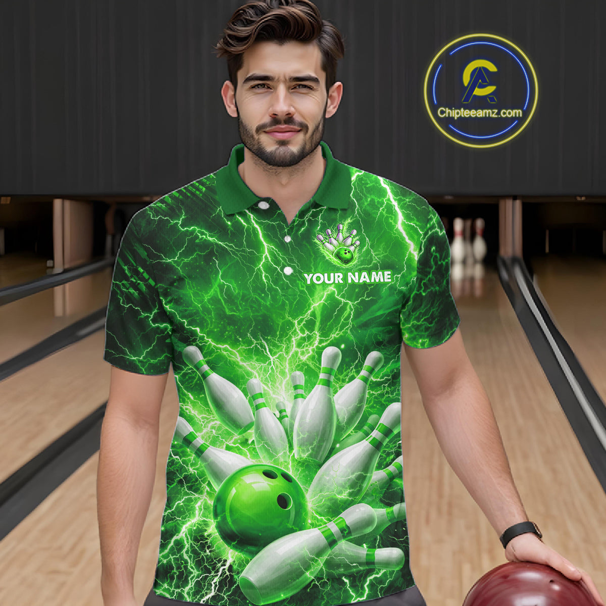 Green Lightning Bowling Shirts for Team Women Men Custom Bowling Polo & 1/4 Zip Shirt MBL241
