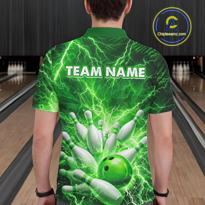 Green Lightning Bowling Shirts for Team Women Men Custom Bowling Polo & 1/4 Zip Shirt MBL241