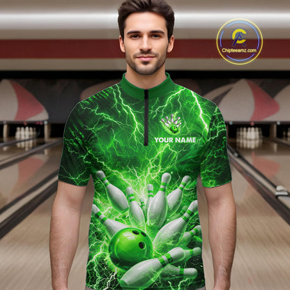 Green Lightning Bowling Shirts for Team Women Men Custom Bowling Polo & 1/4 Zip Shirt MBL241