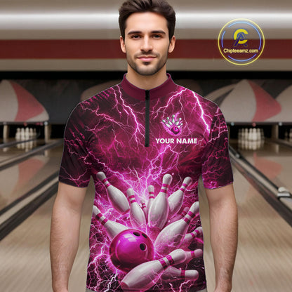 Pink Lightning Bowling Shirts for Team Women Men Custom Bowling Polo & 1/4 Zip Shirt MBL241