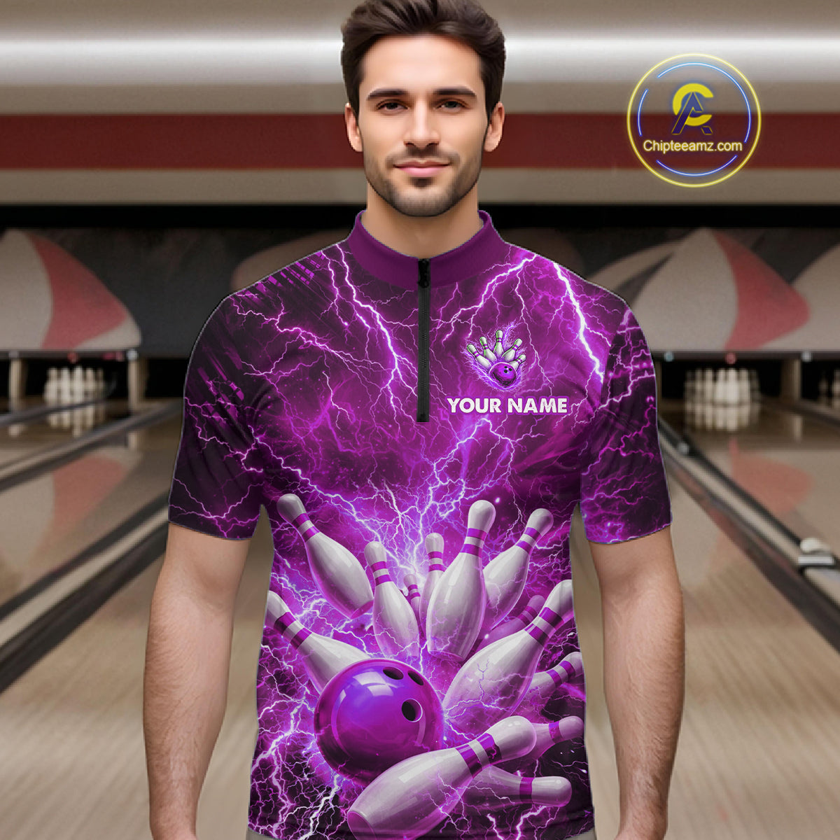 Purple Lightning Bowling Shirts for Team Women Men Custom Bowling Polo & 1/4 Zip Shirt MBL241