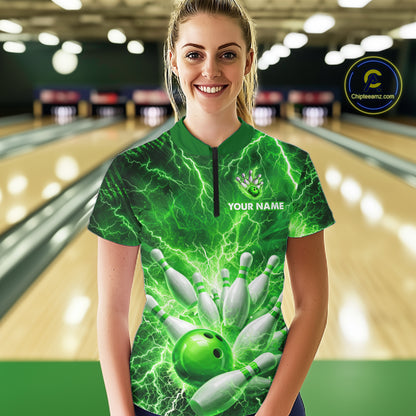 Green Lightning Bowling Shirts for Team Women Men Custom Bowling Polo & 1/4 Zip Shirt MBL241