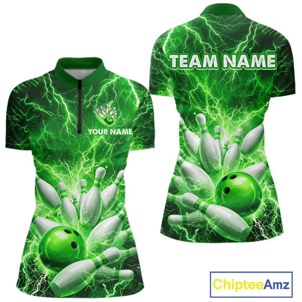 Green Lightning Bowling Shirts for Team Women Men Custom Bowling Polo & 1/4 Zip Shirt MBL241