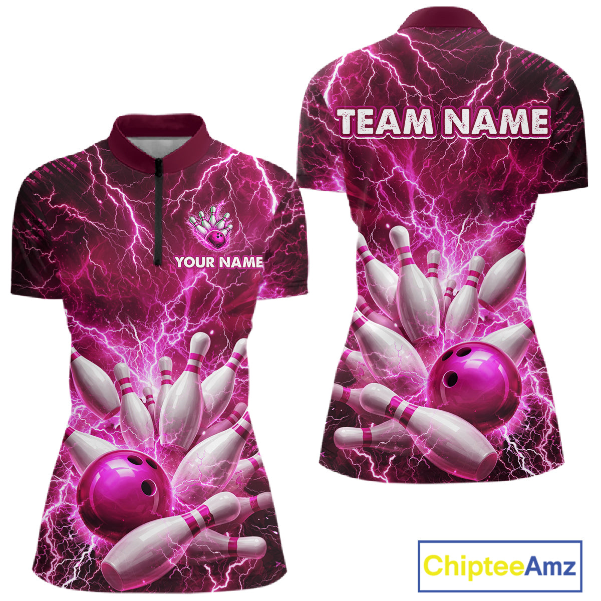 Pink Lightning Bowling Shirts for Team Women Men Custom Bowling Polo & 1/4 Zip Shirt MBL241