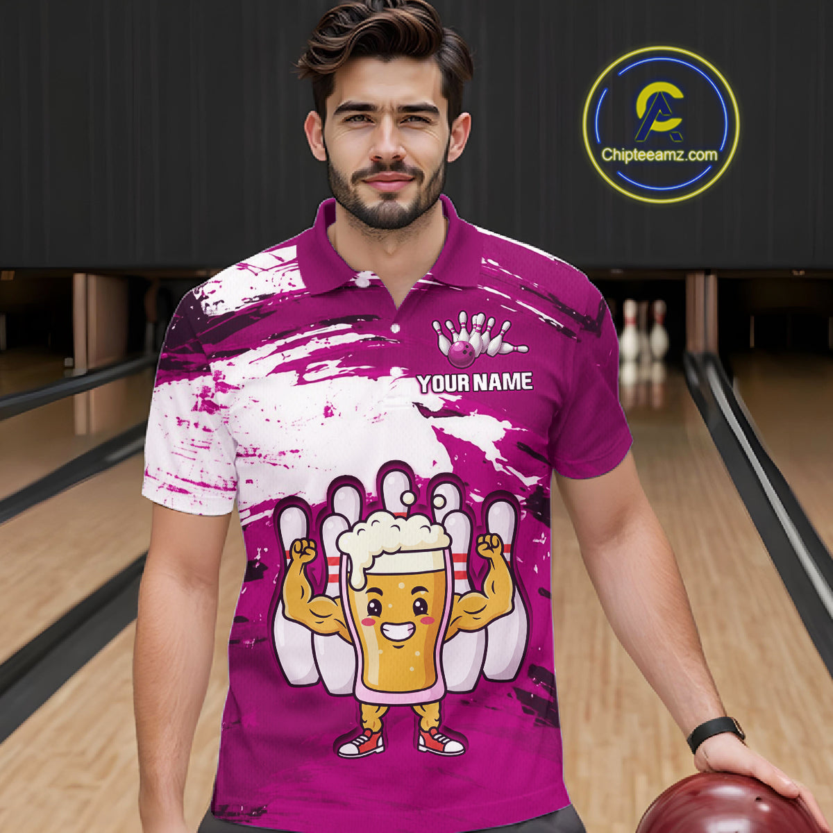 Pink Funny Beer Bowling Shirts for Women Men Team Bowling Polo&1/4 Zip Bowl League MBL253