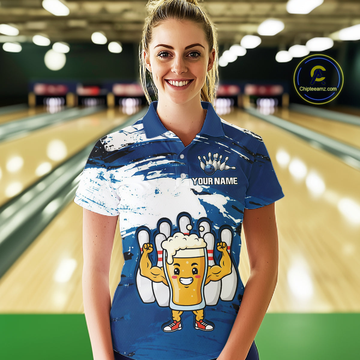 Blue Funny Beer Bowling Shirts for Women Men Team Bowling Polo&1/4 Zip Bowl League MBL253