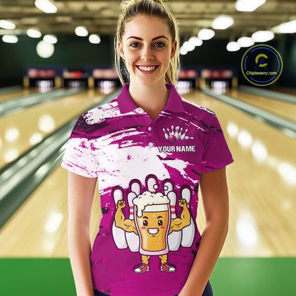 Pink Funny Beer Bowling Shirts for Women Men Team Bowling Polo&1/4 Zip Bowl League MBL253