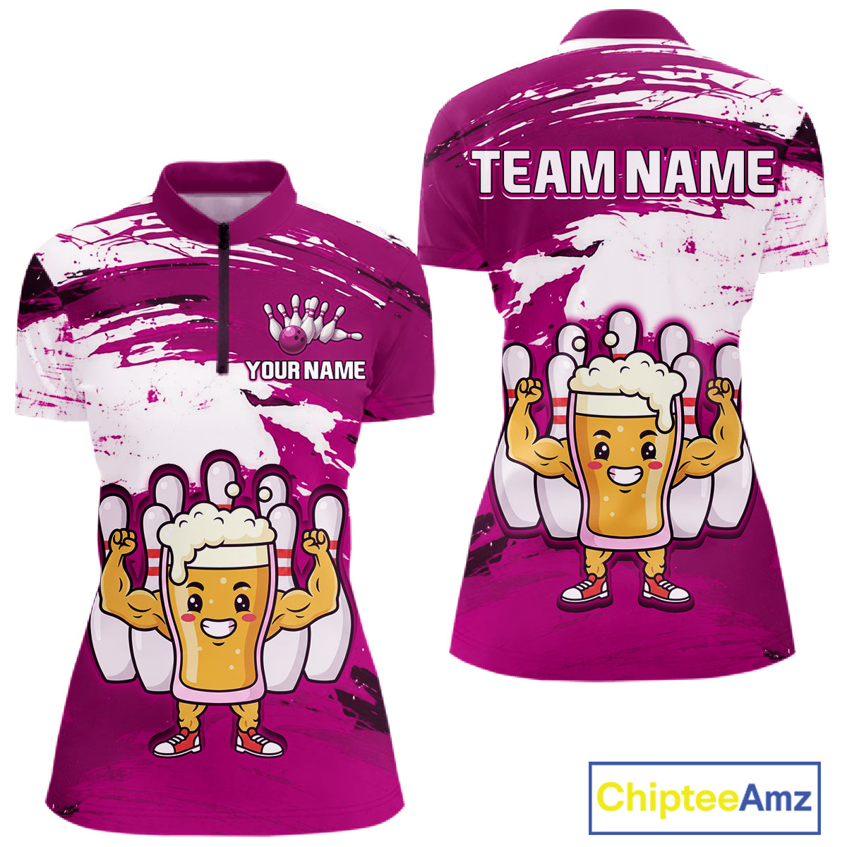 Pink Funny Beer Bowling Shirts for Women Men Team Bowling Polo&1/4 Zip Bowl League MBL253
