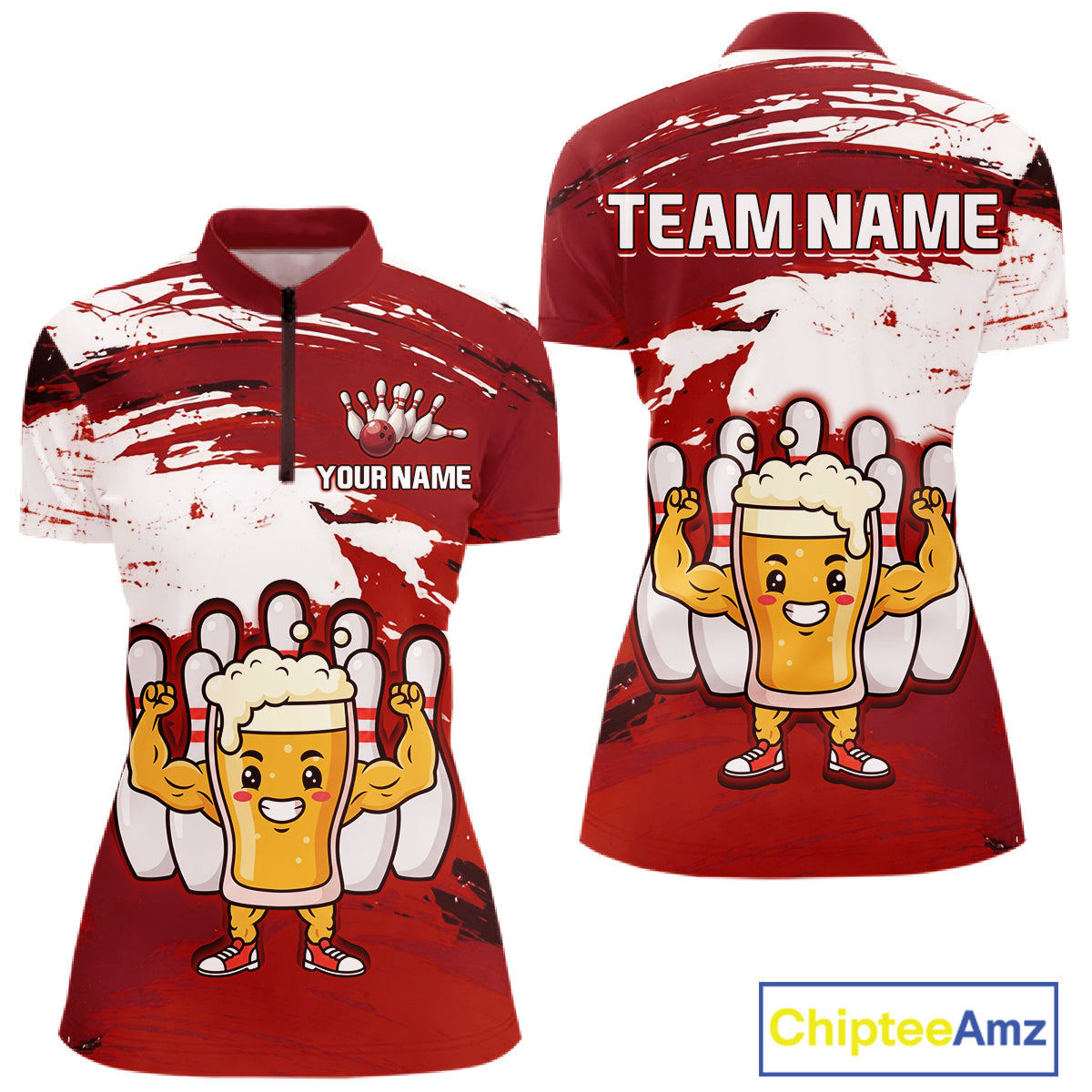 Red Funny Beer Bowling Shirts for Women Men Team Bowling Polo&1/4 Zip Bowl League MBL253