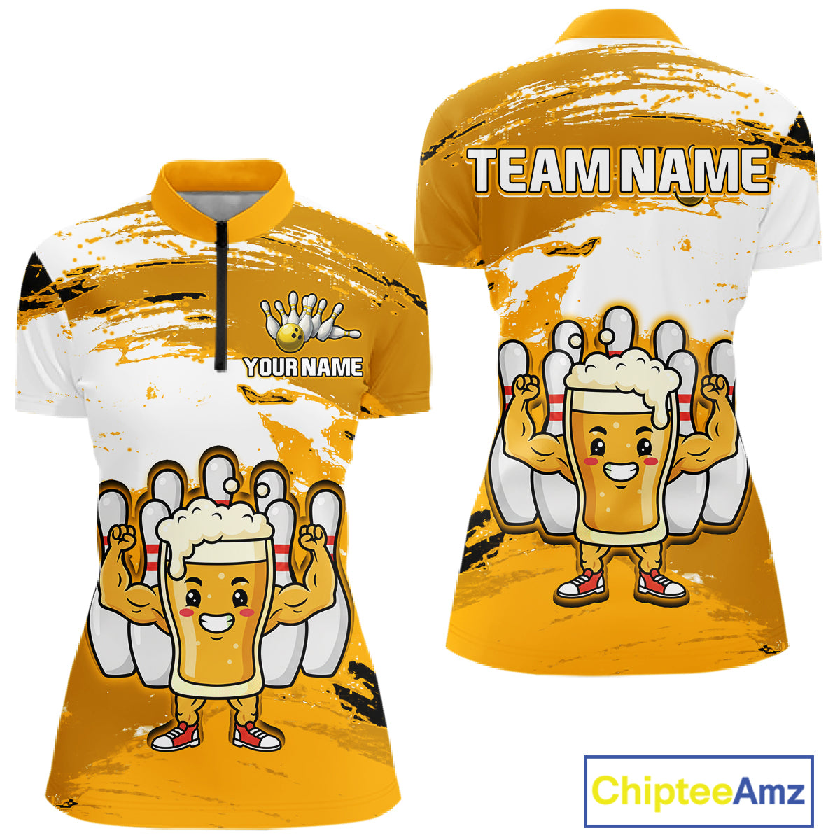 Yellow Funny Beer Bowling Shirts for Women Men Team Bowling Polo&1/4 Zip Bowl League MBL253