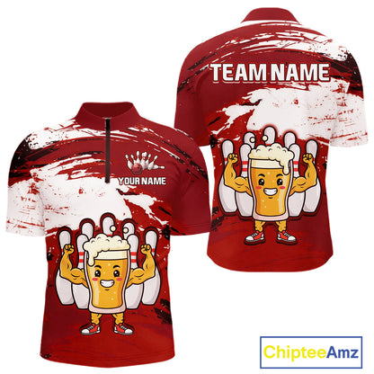 Red Funny Beer Bowling Shirts for Women Men Team Bowling Polo&1/4 Zip Bowl League MBL253