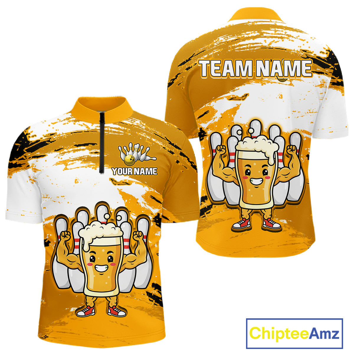 Yellow Funny Beer Bowling Shirts for Women Men Team Bowling Polo&1/4 Zip Bowl League MBL253