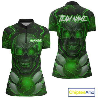 Green Bowling Shirts for Team Women Men Custom Skull Bowling Jerseys for Couples MBL207