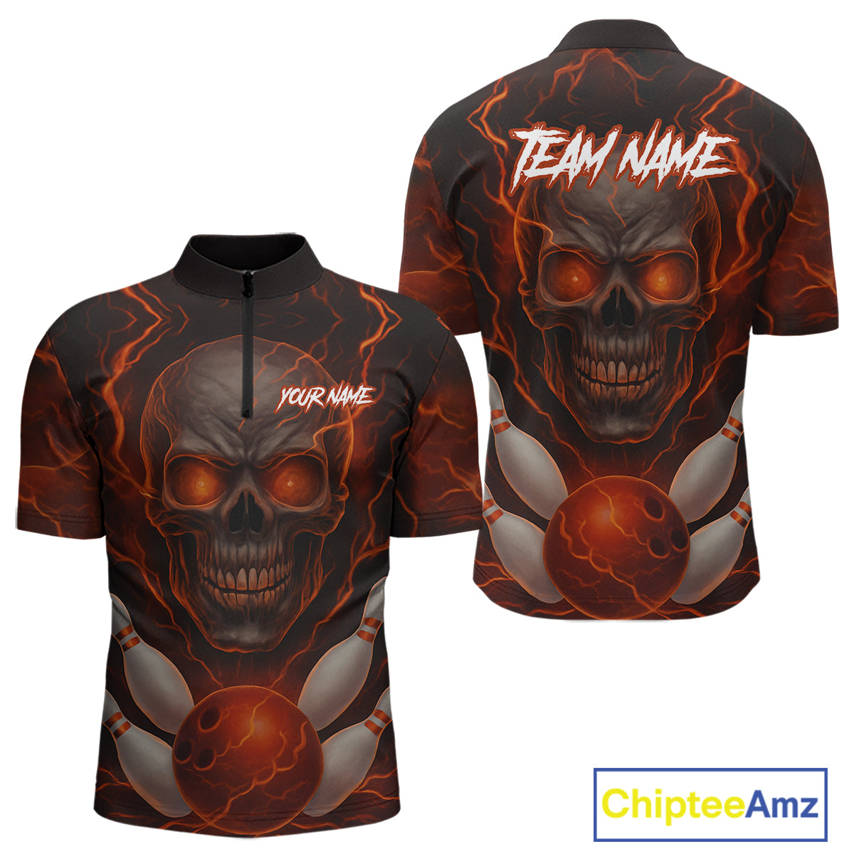 Orange Bowling Shirts for Team Women Men Custom Skull Bowling Jerseys for Couples MBL207