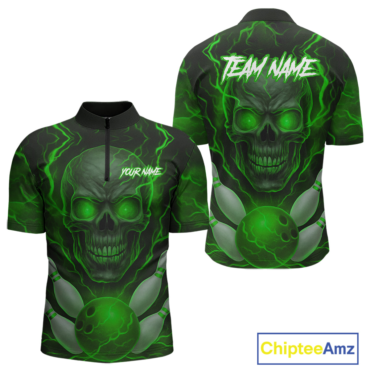 Green Bowling Shirts for Team Women Men Custom Skull Bowling Jerseys for Couples MBL207