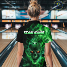 Load image into Gallery viewer, Woman wearing a black bowling polo shirt featuring a flaming skull with glowing orange eyes, green smoke effects, and custom “TEAM NAME” text.