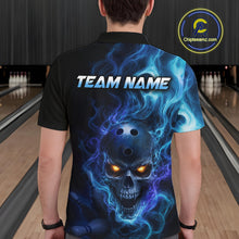 Load image into Gallery viewer, Man wearing a  black bowling polo shirt featuring a flaming skull with glowing orange eyes, blue smoke effects, and custom “TEAM NAME” text.