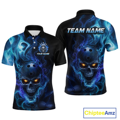 Front and back views of a black bowling polo shirt featuring a flaming skull with glowing orange eyes, blue smoke effects, and custom “TEAM NAME” and “YOUR NAME” text.