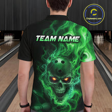 Load image into Gallery viewer, Man wearing a black bowling polo shirt featuring a flaming skull with glowing orange eyes, green smoke effects, and custom “TEAM NAME” text.