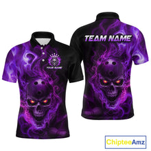 Load image into Gallery viewer, Front and back views of a black bowling polo shirt featuring a flaming skull with glowing orange eyes, purple smoke effects, and custom “TEAM NAME” and “YOUR NAME” text.