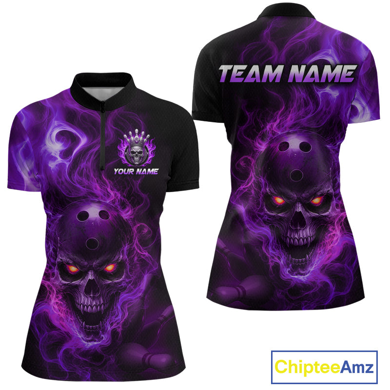 Front and back views of a black bowling quarter zip shirt featuring a flaming skull with glowing orange eyes, purple smoke effects, and custom “TEAM NAME” and “YOUR NAME” text.