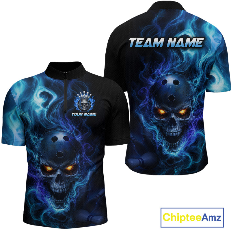 Front and back views of a black bowling  quarter zip shirt featuring a flaming skull with glowing orange eyes, blue smoke effects, and custom “TEAM NAME” and “YOUR NAME” text.