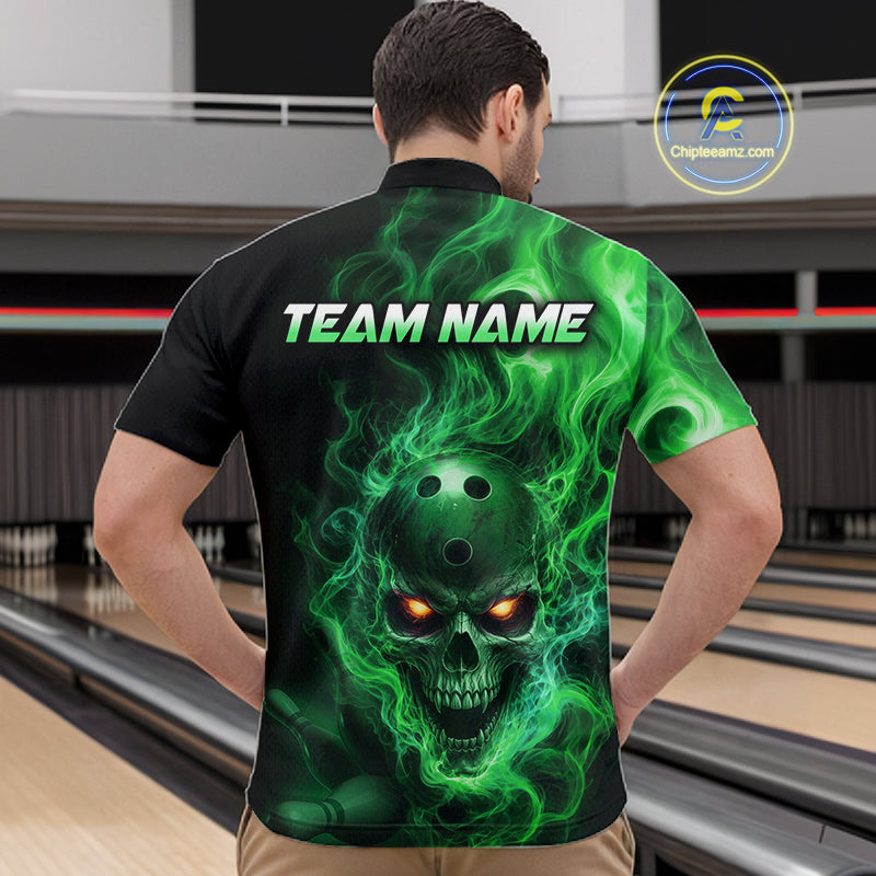 Man wearing a black bowling quarter zip shirt featuring a flaming skull with glowing orange eyes, green smoke effects, and custom “TEAM NAME” text.
