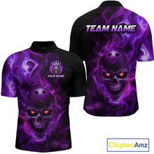 Load image into Gallery viewer, Front and back views of a black bowling quarter zip shirt featuring a flaming skull with glowing orange eyes, purple smoke effects, and custom “TEAM NAME” and “YOUR NAME” text.