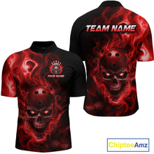 Load image into Gallery viewer, Front and back views of a black bowling quarter zip shirt featuring a flaming skull with glowing red eyes, red smoke effects, and custom “TEAM NAME” and “YOUR NAME” text.